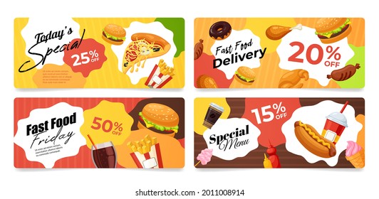 Collection of fast food banner vector flat illustration. Set advertising discount, special offer and delivery for unhealthy meal isolated. Traditional American meal promo flyer template with sale menu