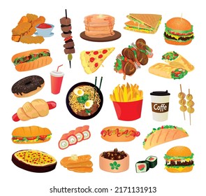 Collection of fast food from different countries in a detailed style.