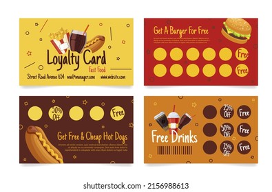 Collection Fast Food And Drinks Loyalty Card Collect Sticker Stamp For Free Vector Illustration. Set Special Offer Promo Gift American Snack Restaurant Warranty Voucher Coupon With Place For Text