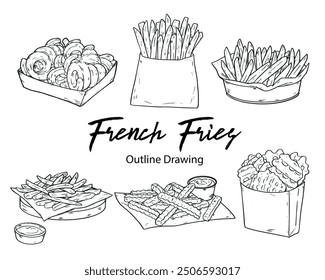 Collection of Fast Food French Fries Outline Drawing Vector Illustration