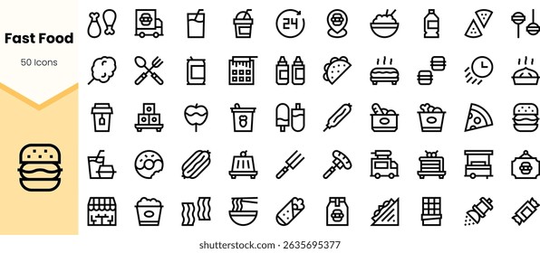 A collection of fast food icons featuring burgers, fries, pizza, and beverages, perfect for menus, apps, or promotional materials. Clean and modern design.