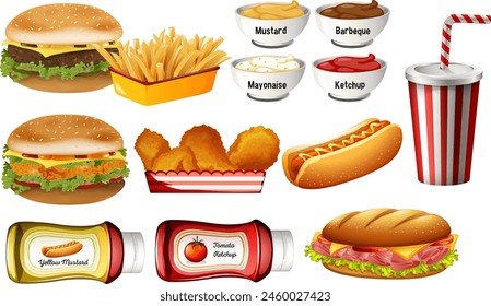 Collection of fast food items and condiments