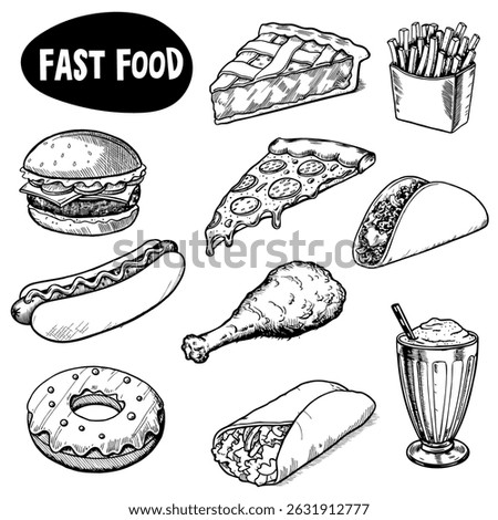 A collection of fast food items including a hamburger, pizza slice, hot dog, taco, fried chicken, donut, milkshake, and fries. All items are illustrated in a sketch style.