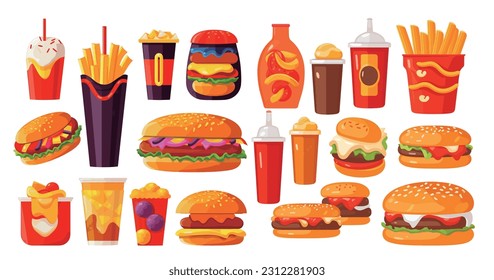 Collection fast food set on white background, pizza burger cola french fries vector illustration