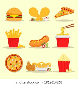 Collection Of Fast Food Such As Burger, Fried Chicken, Pizza, Fries, Hotdong, Pop Corn, Onion Ring And Noodles With Flat Style.