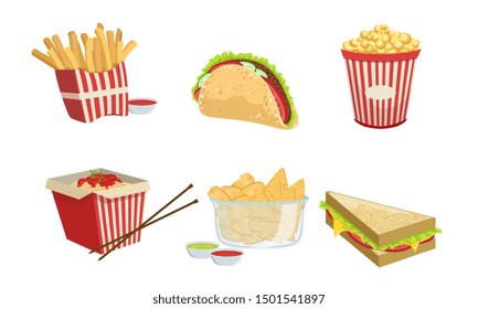 Collection of Fast Food. Takeaway Street Food Dishes, French Fries, Tako, Popcorn, Nachos, Sandwich. Vector Illustration.