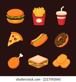 Collection of fast foods. Hamburger, french fries, soft drink, pizza, hot dog, donut, fried chicken drumstick, sandwich, and chicken nuggets. Set of cute cartoon meal dish icons. Vector illustration.