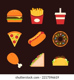 Collection Of Fast Foods. Hamburger, French Fries, Soft Drink, Pizza, Hot Dog, Donut, Fried Chicken Drumstick, Sandwich, And Taco. Set Of Cute Cartoon Meal Dish Icons. Flat Vector Design Illustration.