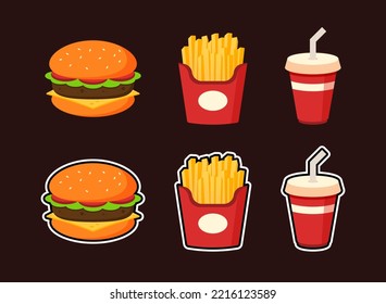 Collection of fast foods. Set of junk foods. French fries, hamburgers, and soft drinks. Set of unhealthy menus. Cute cartoon meal icon. Sticker style concept. Flat vector graphic design illustration.