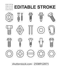 Coleção de ícones de fixação. Vários prendedores como parafusos, porcas, arruelas, chaves de fenda formas.