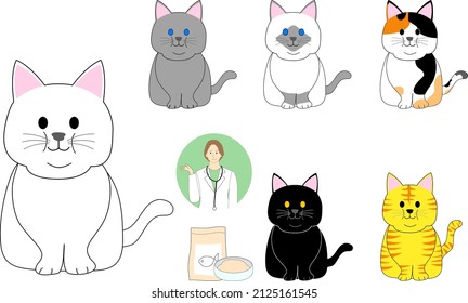Collection of fat cats with female veterinarian presenting the special cat food