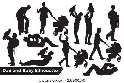 Collection of Father and son or dad and baby Silhouettes in different poses set