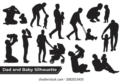 Collection of Father and son or dad and baby Silhouettes in different poses set