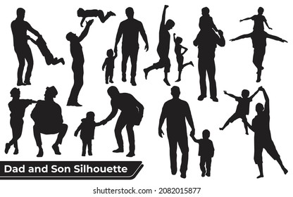 Collection of Father and son or dad and baby Silhouettes in different poses set