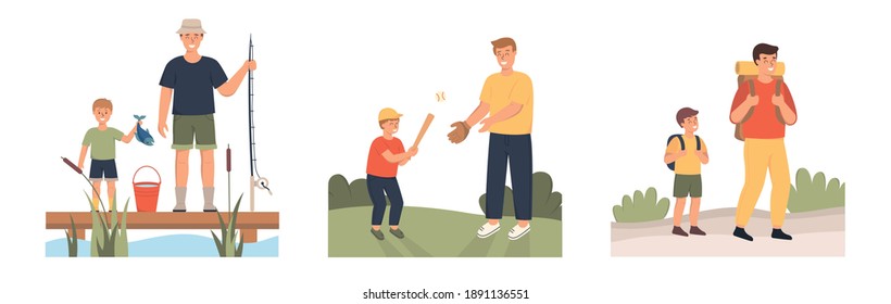 Collection of father and son go hiking, play baseball and fishing. Tourism and recreation concept. Vector illustration in cartoon style.