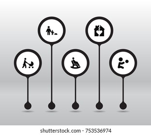 Collection Of Father With Son, Rocking Chair, Broken House And Other Elements.  Set Of 5 People Icons Set. 