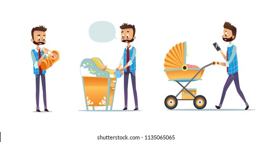 Collection Of Father Taking Care Of Child Isolated On White Background. Set Of Man Feeding Baby, Changing Diaper, Carrying Stroller. Super Dad, Modern Fatherhood. Flat Cartoon Vector Illustration