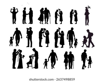 Collection of father-child silhouette scenes showing everyday bonding moments. Ideal for parenting, family, and relationship concepts.