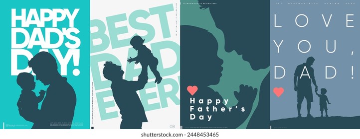 Collection of Father's Day designs featuring silhouettes, bold typography, and heart motifs.