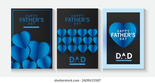 collection of Father's Day greeting cards set in modern paper cut love cute style. blue background Fathers Day holiday for greeting banner, fashion ads, poster, flyer, social media, promotion and sale