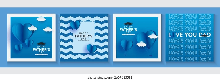 collection of Father's Day greeting cards set in modern paper cut love cute style. blue background Fathers Day holiday for greeting banner, fashion ads, poster, flyer, social media, promotion and sale