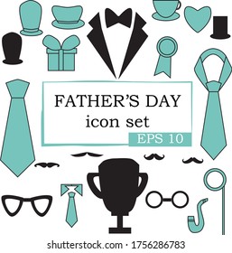 Collection of Father's Day icon set in EPS 10. Elements and icons with tie, hat, mustache, trophy, badge, glasses