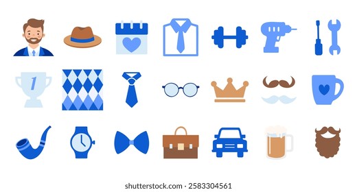 A collection of Father's day icons that represent various things such as a tie, a watch, a car, a cup, and a man with a mustache