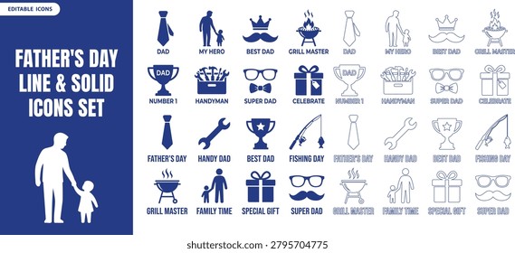 A collection of fathers day line and solid icons depicting gifts, tools, and family moments in a distinctive silhouette style.