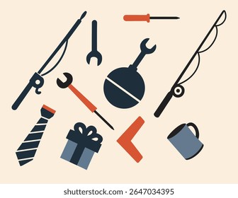 A collection of father's day themed icons including fishing rods, tools, a tie, a gift, and a mug. 