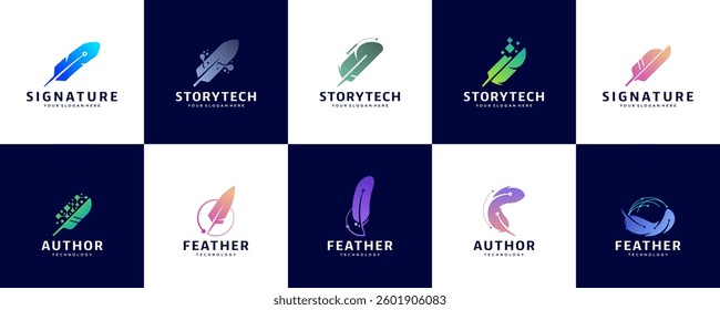 Collection of feather logos with technology concepts, legal symbols, notaries, law firms, graphic design templates.