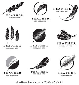 collection of feather pen icons isolated on white background
