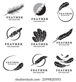 collection of feather pen icons isolated on white background