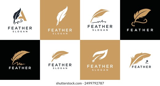 Collection of Feather signature pen logos. Feather signature logo design inspiration set	