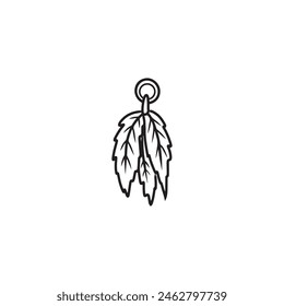 Collection of feathers on a metal ring hanging in black isolated on white. Hand drawn vector sketch illustration in doodle engraved line art vintage style. Catcher of dreams, sleep accessory.