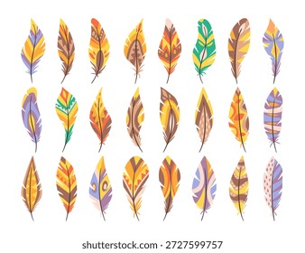 Colección de plumas y plumas con patrones tribales, adornos estéticos nativos aislados en blanco