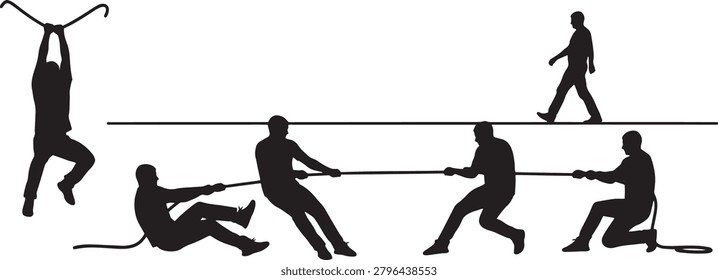 Collection features black silhouettes of men engaged in strenuous activities including tug of war, tightrope walking, and hanging exercises. The minimalist vector design emphasizes strength, balance, and cooperation. Ideal for corporate training materials, motivational posters, and business presentations focusing on team dynamics, leadership challenges, and achieving difficult professional career goals.