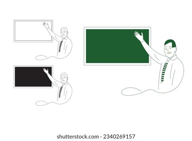 The collection features cheerful male cartoon characters holding empty banners on placards. The colorful vector illustration is presented in a flat style.