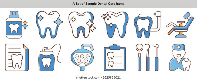 Collection features Dentistry icons; teeth, dentist chair, tools, report, medicine bottle, and lamp, each outlined in brown and filled with blue color.
