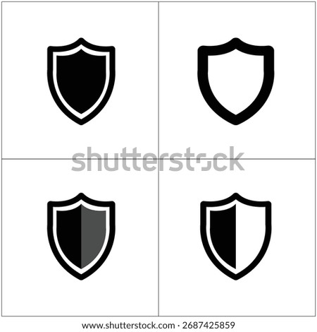 Collection features four shield icons. Styles include filled, outlined, and shaded designs on a white backdrop. Perfect for various security themes.