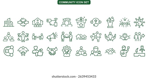 Collection features icons of partnership, networking, public speaking, group dynamics, gear mechanisms, and speech bubbles for community building in outline style.