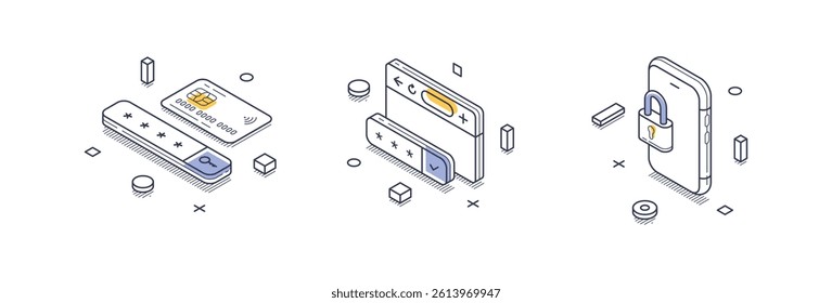 Collection features isometric line icons illustrating various aspects of data protection, including secure payment methods, password management, and device security