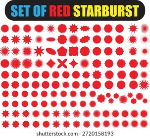 La colección presenta muchas Formas diferentes de estallido estelar rojo, incluidos bordes irregulares formas circulares estrellas simples estallidos abstractos y variedades delineadas adecuadas para uso comercial o personal en publicidad, señalización de ventas y Materiales promocionales en proyectos de medios digitales o impresos.