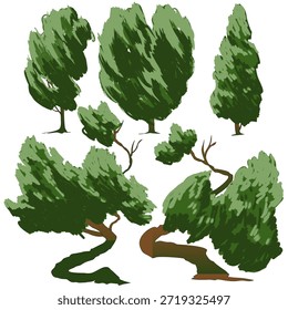 colección presenta una serie de árboles estilizados y expresivos diseñados con un enfoque en el movimiento y la forma orgánica. El concepto Explore la interacción entre la naturaleza y las fuerzas invisibles, representadas a través del follaje arrastrado por el viento y los troncos dinámicos y retorcidos. Usando un estilo de pincelada digital texturizada, las ilustraciones equilibran la estética pictórica con siluetas limpias, lo que las hace ideales para el arte conceptual ambiental, los activos del juego o los fondos minimalistas temáticos de la naturaleza.