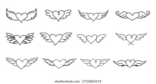 La colección presenta doce dibujos de arte de línea negra distintos de corazones alados ideales para diseños de tatuajes, álbumes de recortes digitales o florituras decorativas que celebran el amor y el romance.