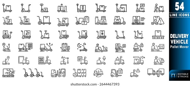 Collection features various line icons representing pallet mover delivery vehicles designed for efficient logistics and transportation operations. Editable stroke. Vector illustration