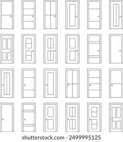 A  collection featuring 24 different door designs in a minimalist line art style. Each door is depicted with unique panel arrangements and styles, showcasing a variety of modern and traditional design