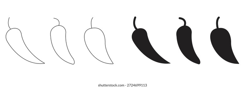Uma coleção com ícones de silhueta de contorno e preenchido de pimentas chili, perfeito para adicionar um toque de tempero aos seus projetos temáticos de comida. Este conjunto de vetores é isolado em um fundo branco.