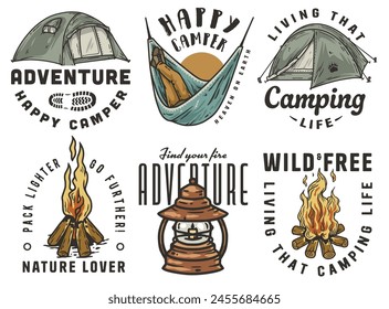 Collection of featuring camping elements such as a tent, hammock, and a campfire for adventure and nature enthusiasts for outdoors. Set of t-shirt prints for travel, camping, nature hiking and camp.