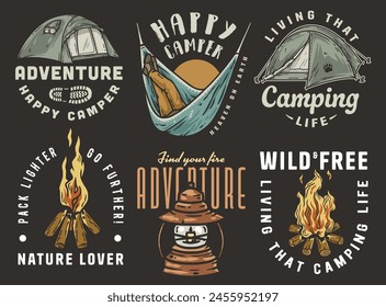 Collection of featuring camping elements such as a tent, hammock, and a campfire for adventure and nature enthusiasts for outdoors. Set of t-shirt prints for travel, camping, nature hiking and camp.