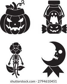 Collection featuring carved pumpkins ghost jar skeleton flower and scary moon icons.